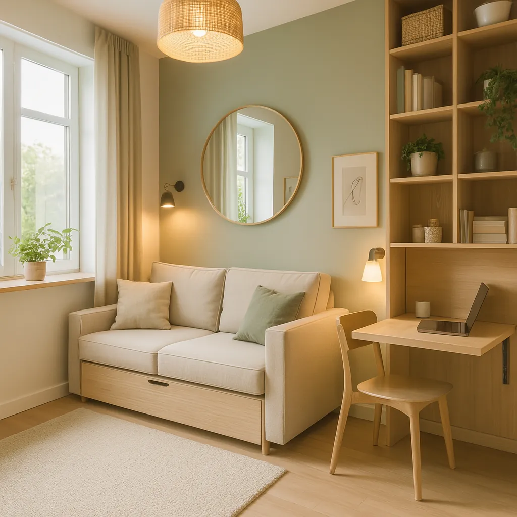 Salon compact et lumineux : canapé‑lit beige avec tiroir de rangement, table murale rabattable servant de bureau, bibliothèque toute hauteur en bois clair et mur vert sauge illustrant l’optimisation d’un petit espace.
