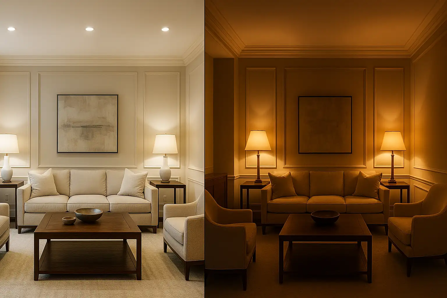 Comparaison d’éclairage dans un salon moderne : à gauche lumière générale vive avec plafonniers, à droite ambiance chaleureuse avec lampes de table et appliques murales, mobilier élégant, style architectural haut de gamme.
