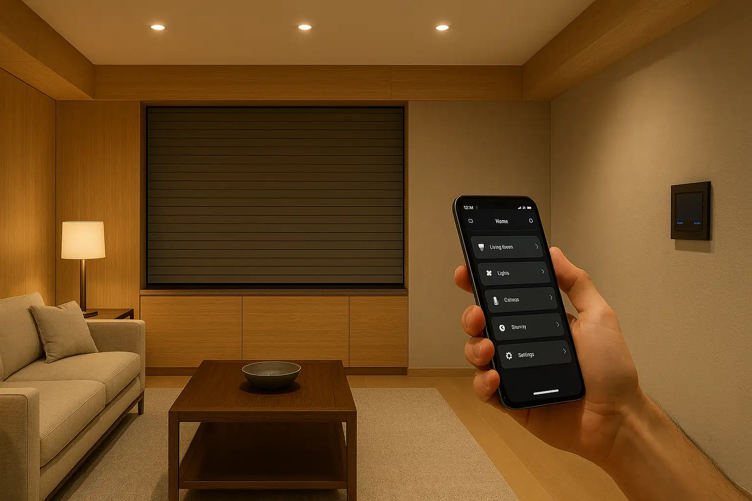 Salon moderne scandinave avec intégration domotique invisible : éclairage LED encastré 3000K, panneaux muraux tactiles, stores automatisés, matériaux premium bois et métal brossé, smartphone contrôlant l’automatisation de la maison.