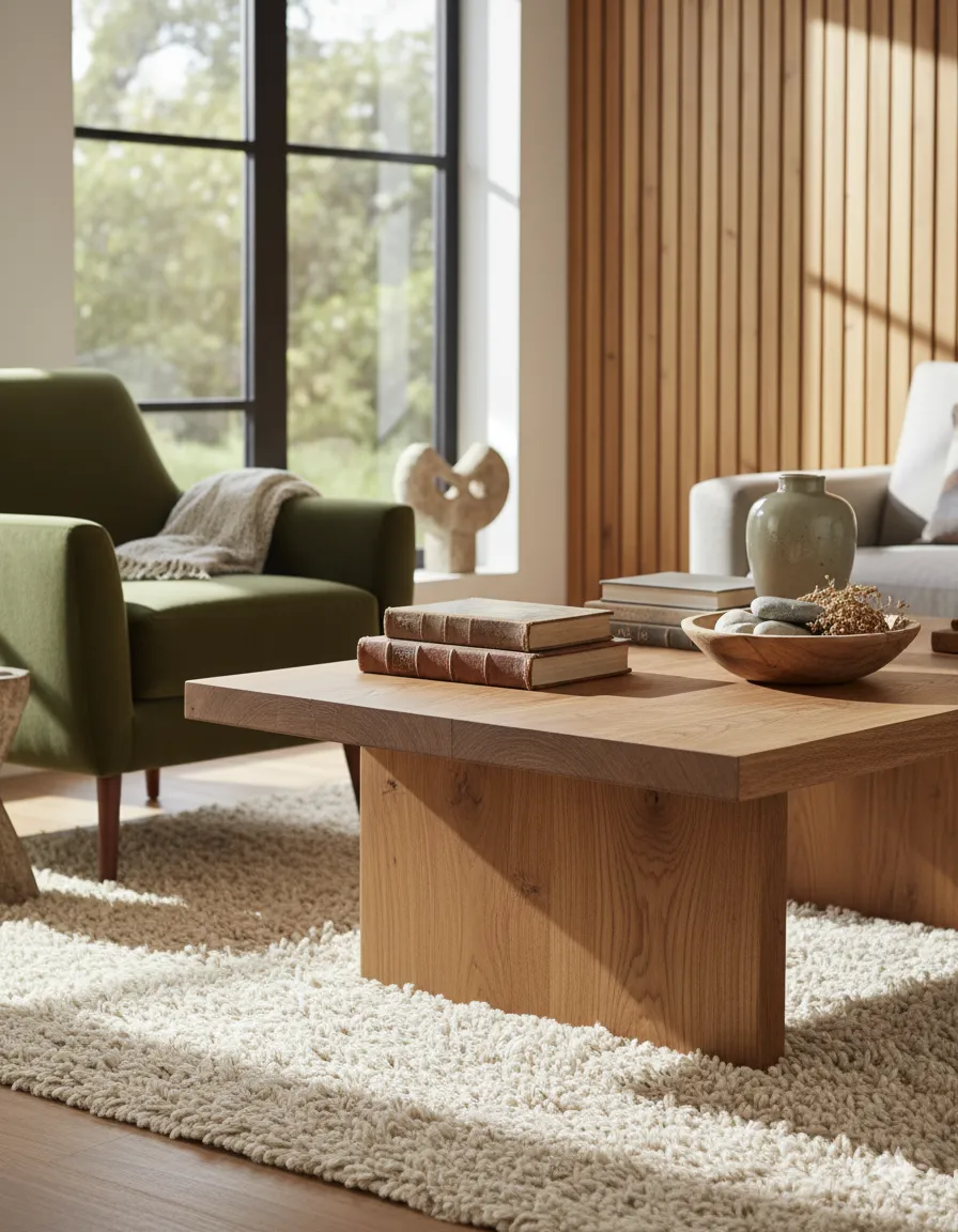 salon avec des mobiliers et décorations choisis selon leurs matériaux